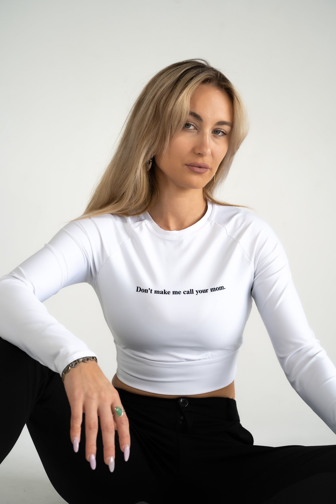 Don't make me call your mom- Recycled long-sleeve crop top